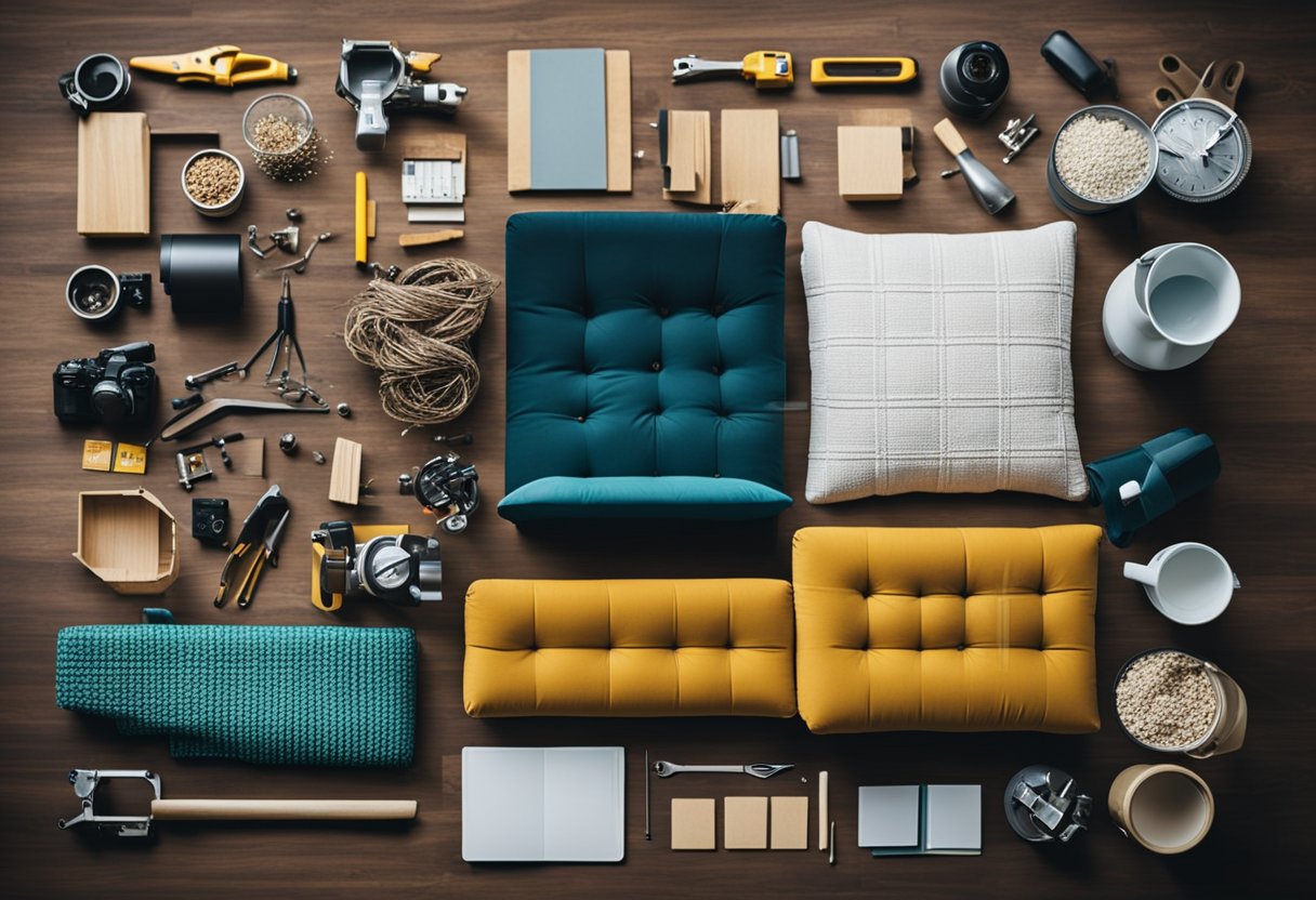 A gathering of tools and materials for building a budget-friendly palette sofa