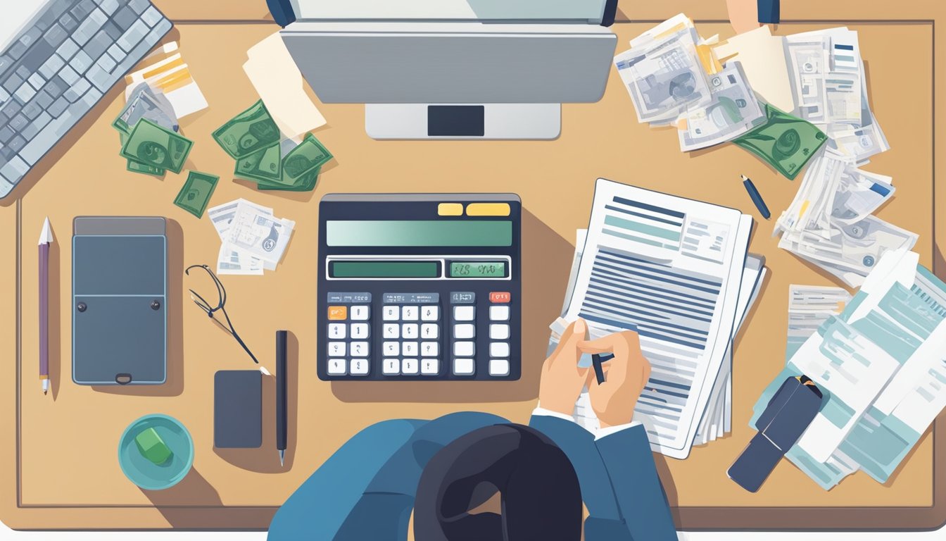 A person sits at a desk with a calculator and paperwork, making loan repayments to a licensed money lender in Singapore. The scene is focused on the financial transaction and the process of settling the debt
