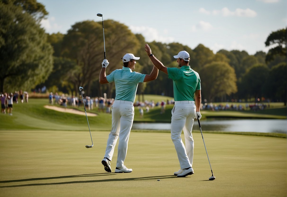 Top golfers celebrate birdies, with clubs raised in triumph, against a backdrop of lush fairways and manicured greens