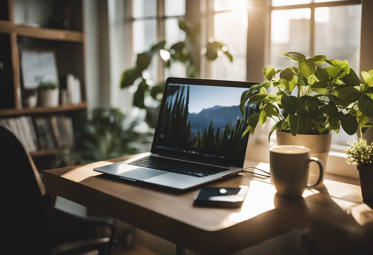 A serene home office with a laptop, plant, and cozy chair. Sunlight streams in through a window, creating a peaceful and productive atmosphere for achieving work-life balance