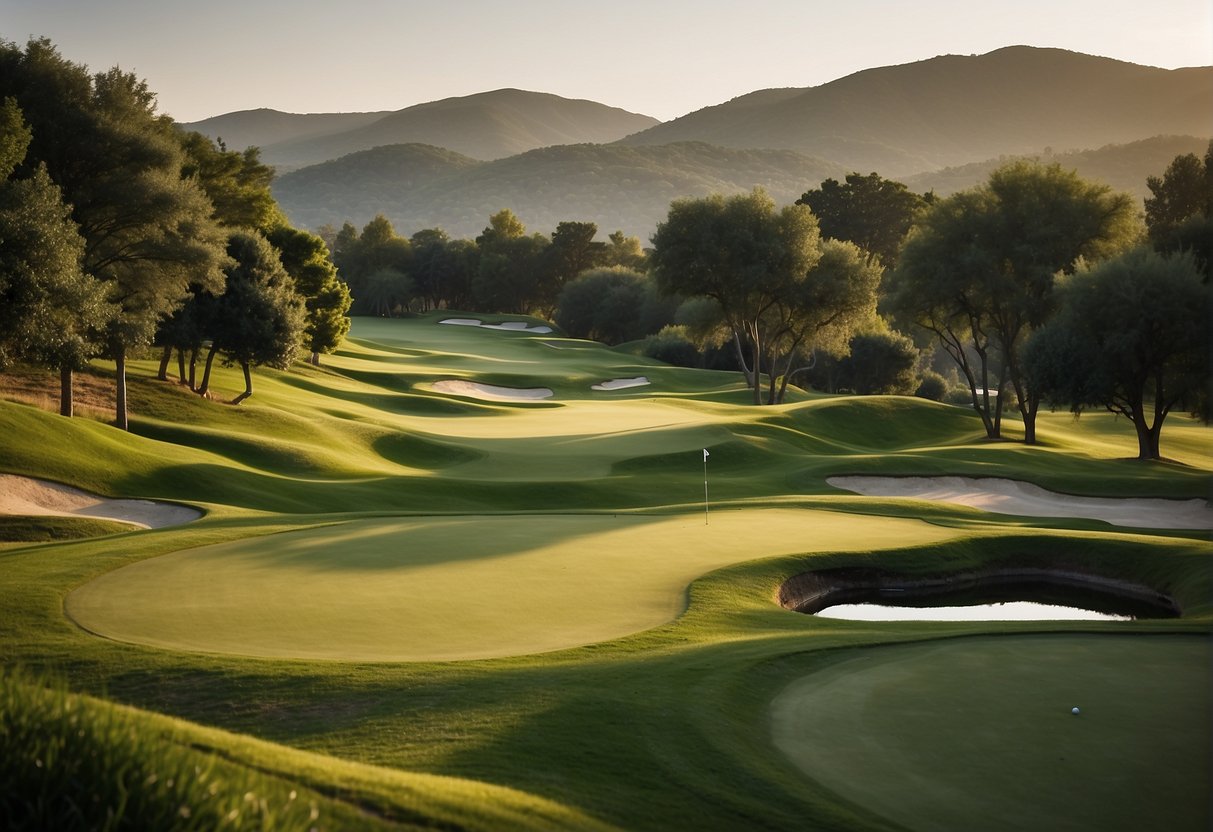 A golf course with 18 holes, surrounded by lush greenery and rolling hills, with a flagstick marking each hole