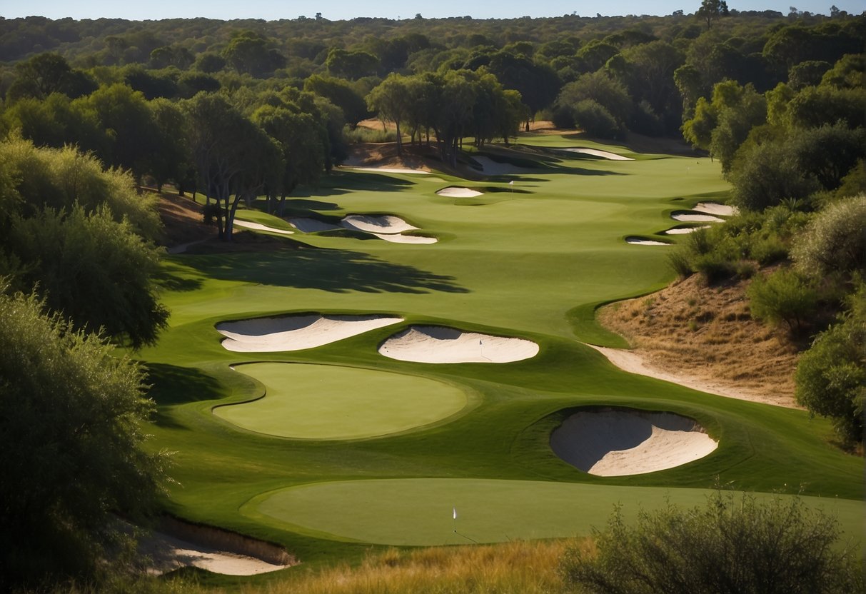 A sprawling golf course with 18 holes winding through lush greenery, sand traps, and water hazards, offering a challenging and scenic layout for players