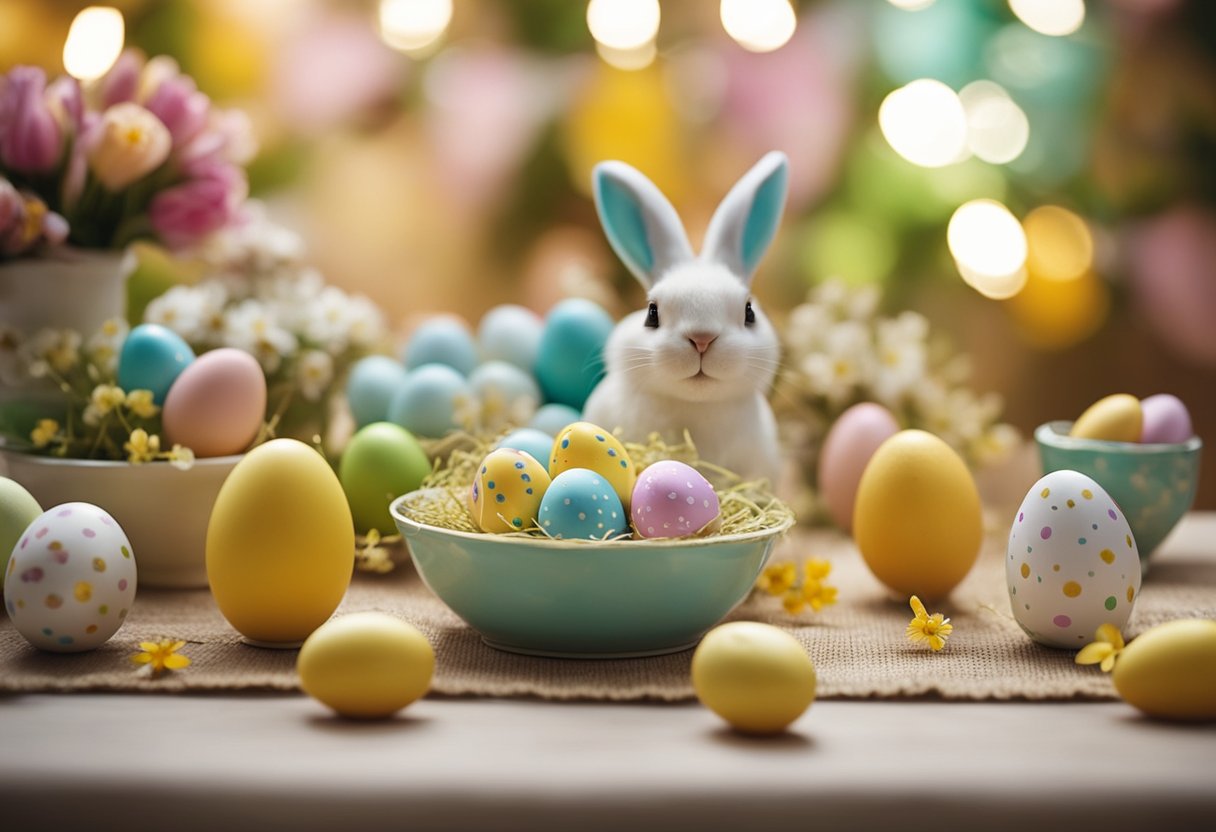 A table adorned with colorful Easter decorations, including painted eggs, bunny figurines, and festive banners, creating a joyful and festive atmosphere