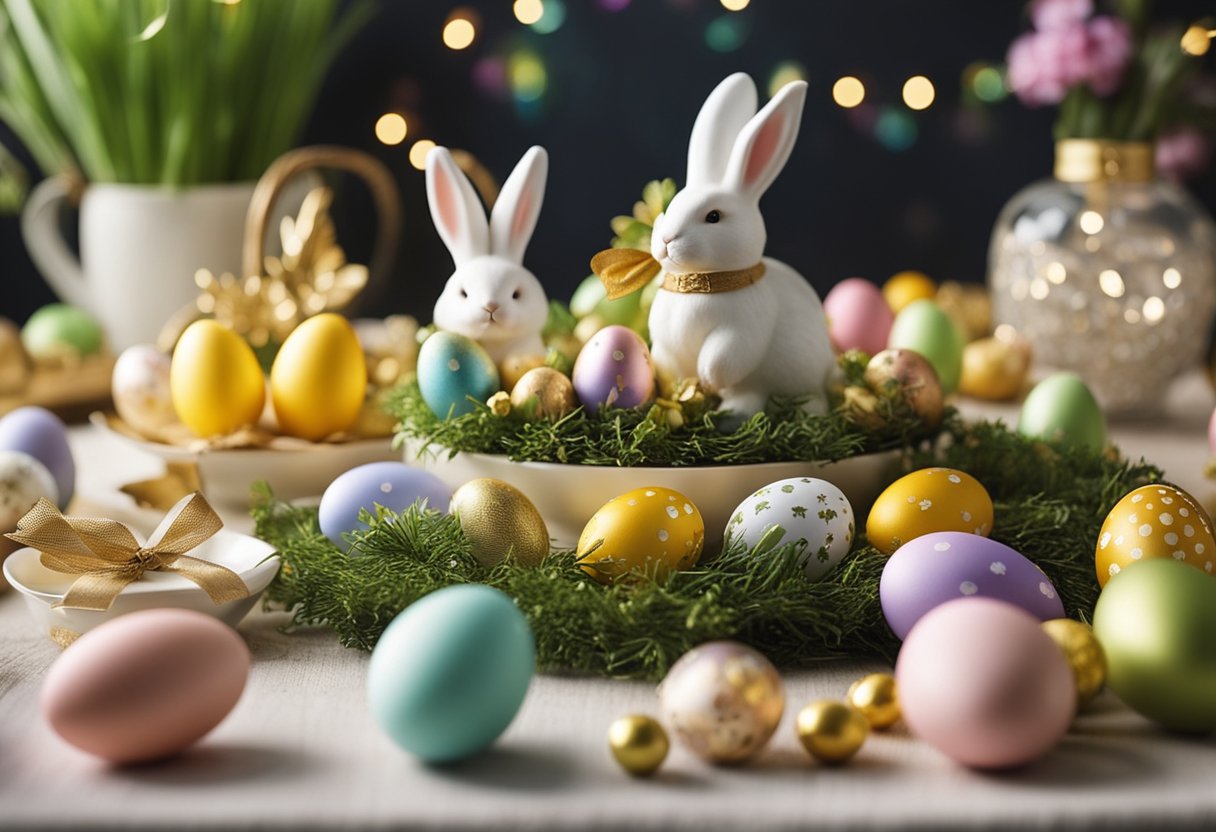 A table adorned with colorful Easter decorations and festive ornaments creates a joyful atmosphere