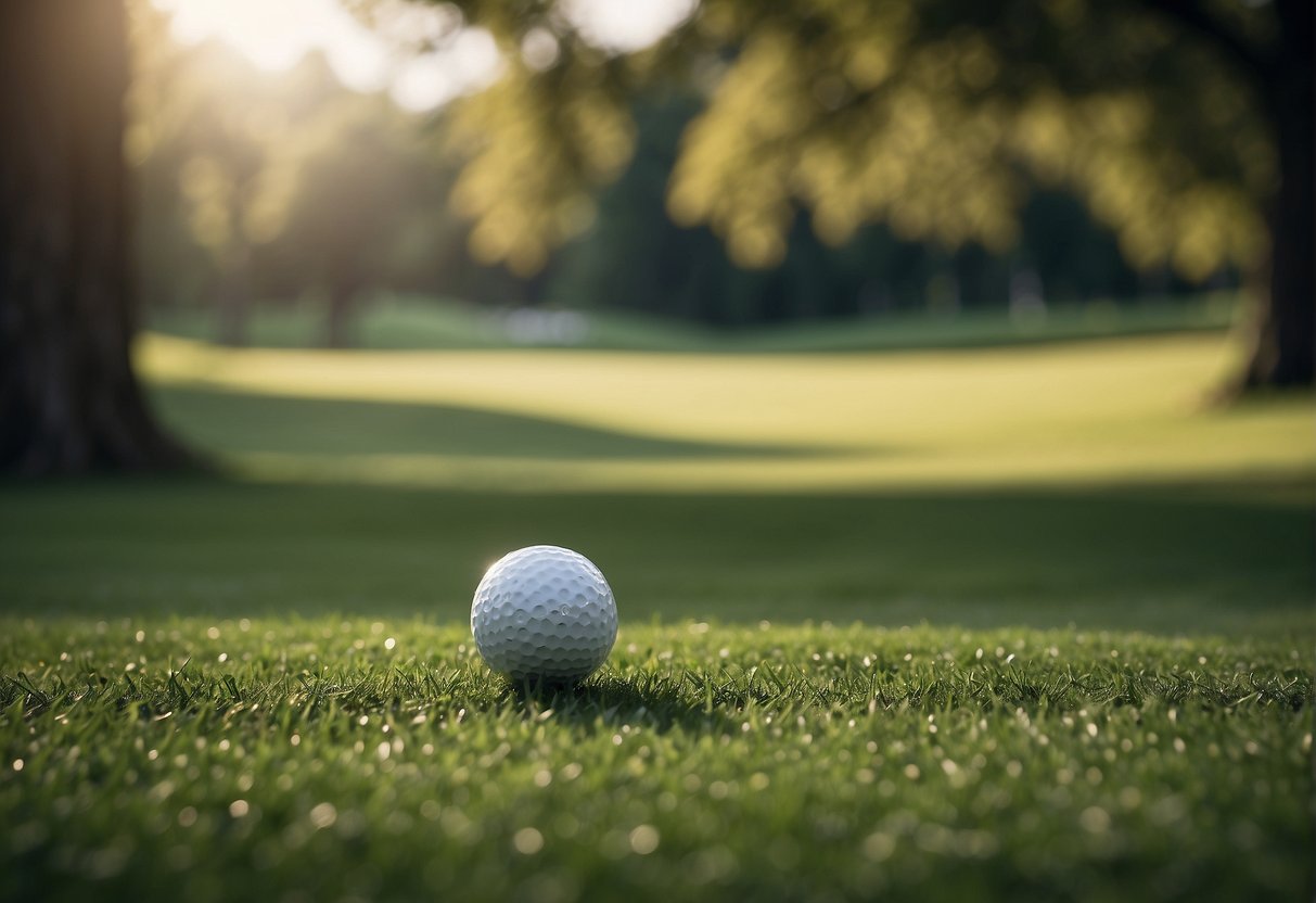 A golf ball slides down a green course, surrounded by lush grass and distant trees