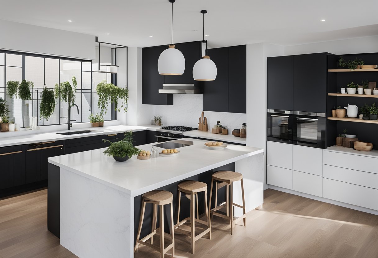 A modern, sleek kitchen with clean lines and minimalist Scandinavian design elements. A focus on functionality and aesthetic appeal