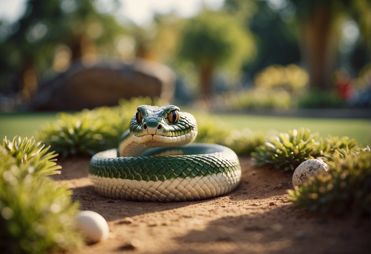 A snake slithers through a miniature golf course, winding around obstacles and aiming for the hole