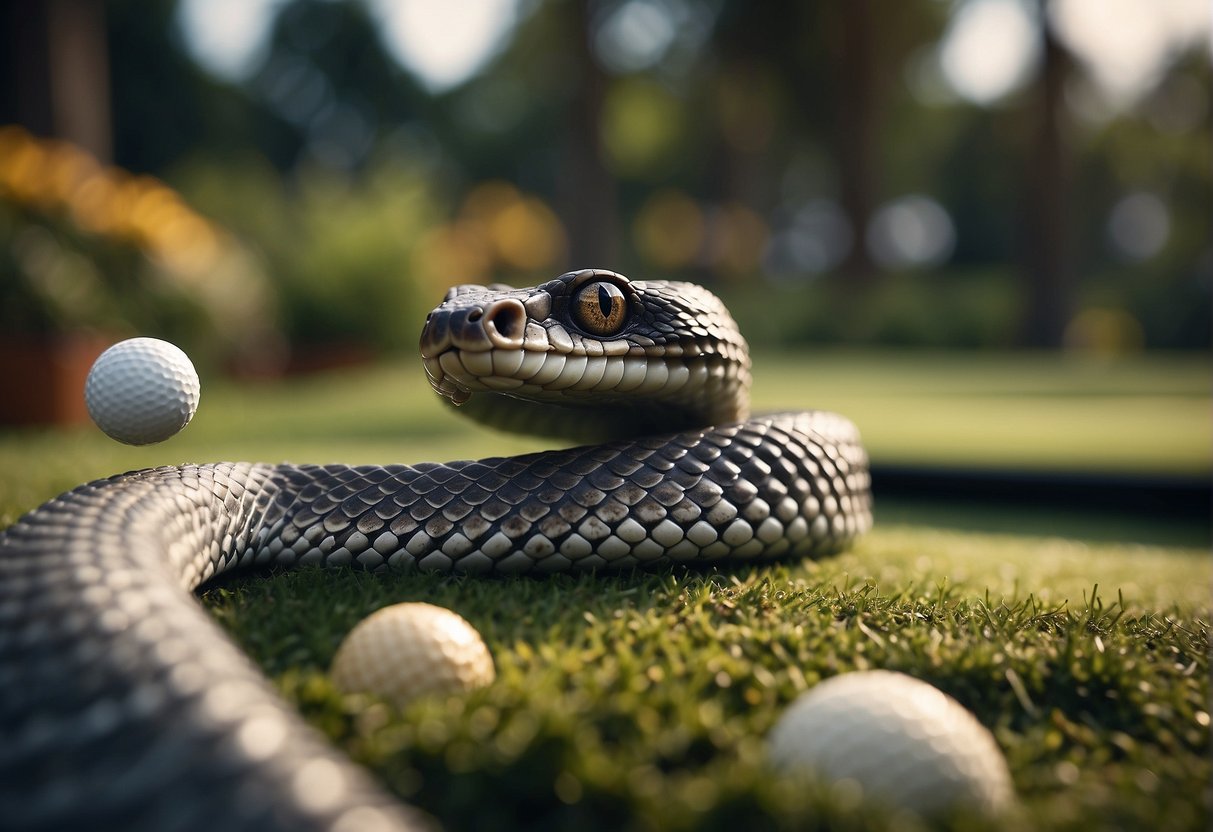 A snake slithers through a mini-golf course, knocking balls into holes. Scores are tallied on a leaderboard