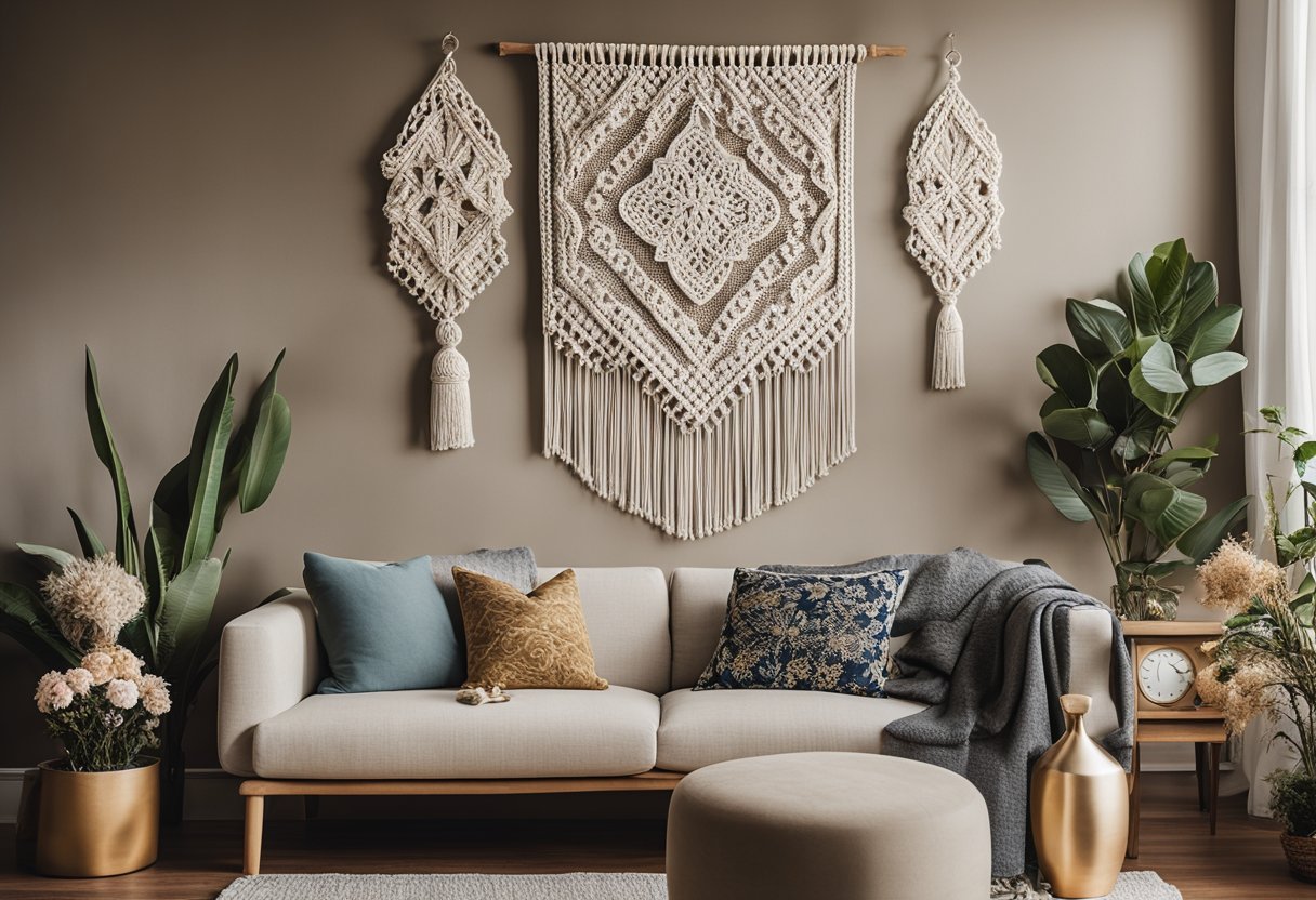 A cozy living room with DIY wall decorations: A handmade macrame hanging, painted canvas art, and framed pressed flowers