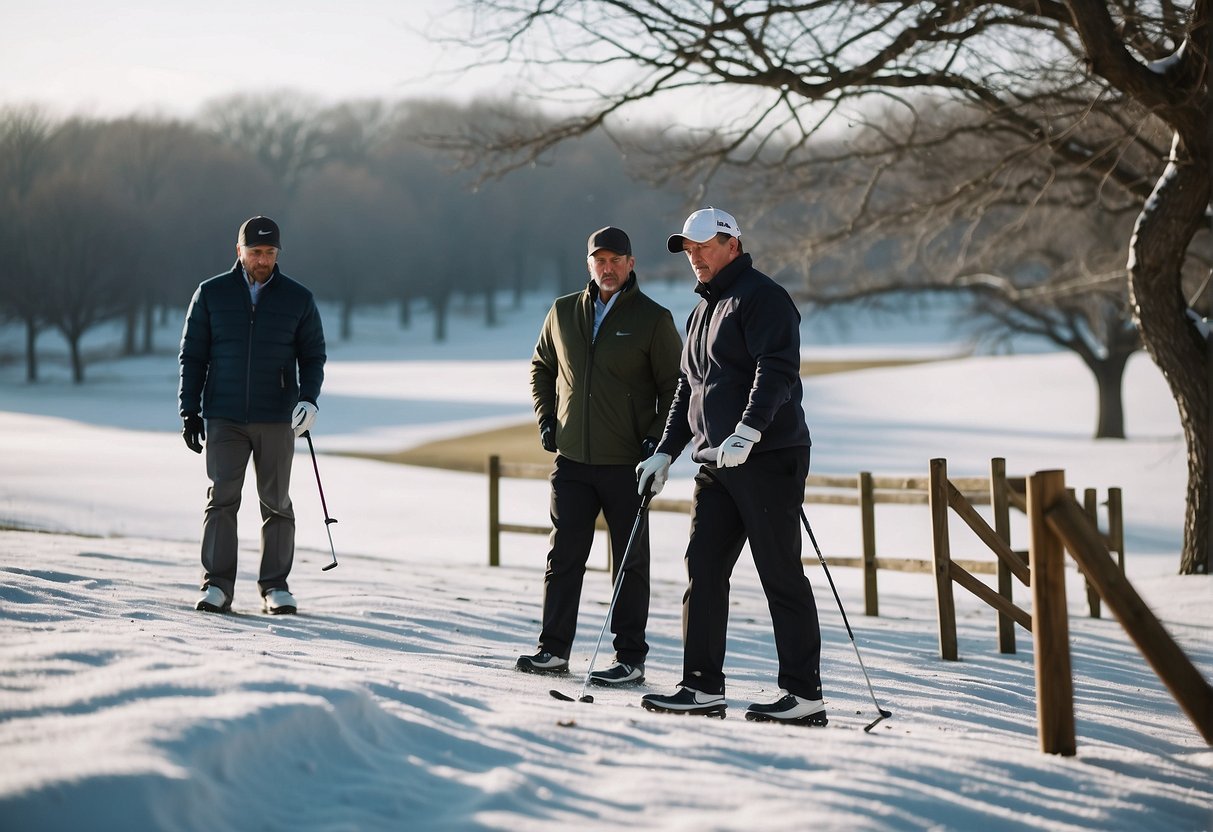Golfers in cold weather attire, wearing layers, gloves, hats, and scarves, with a backdrop of snow-covered fairways and leafless trees