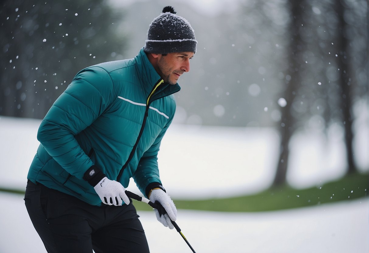 A golfer wearing a thick, insulated jacket, thermal base layers, wool socks, and waterproof gloves while teeing off in a snowy golf course