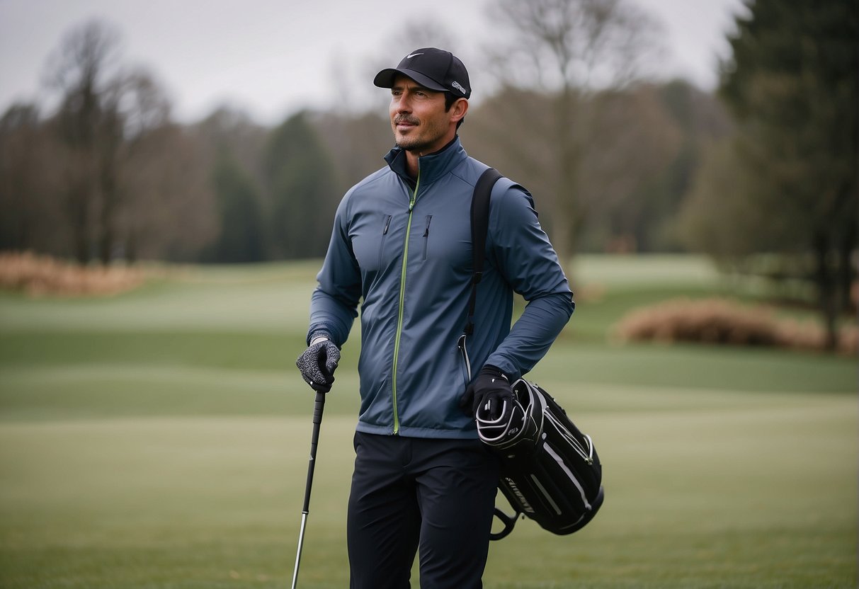 A golfer in cold weather attire, wearing thermal layers, a windproof jacket, and insulated pants. Carrying a lightweight, waterproof golf bag and wearing sturdy, waterproof shoes with good grip