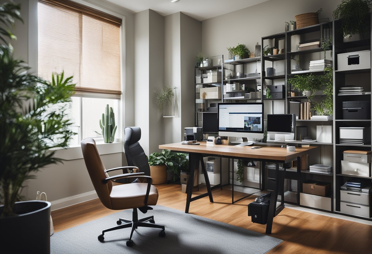 A well-lit home office with a spacious desk, ergonomic chair, organized shelves, and a computer setup for maximum productivity