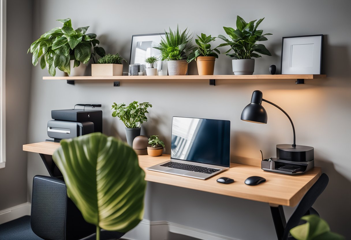 A desk with a computer, monitor, keyboard, mouse, and desk organizer. A comfortable chair, good lighting, and plants for a productive home office