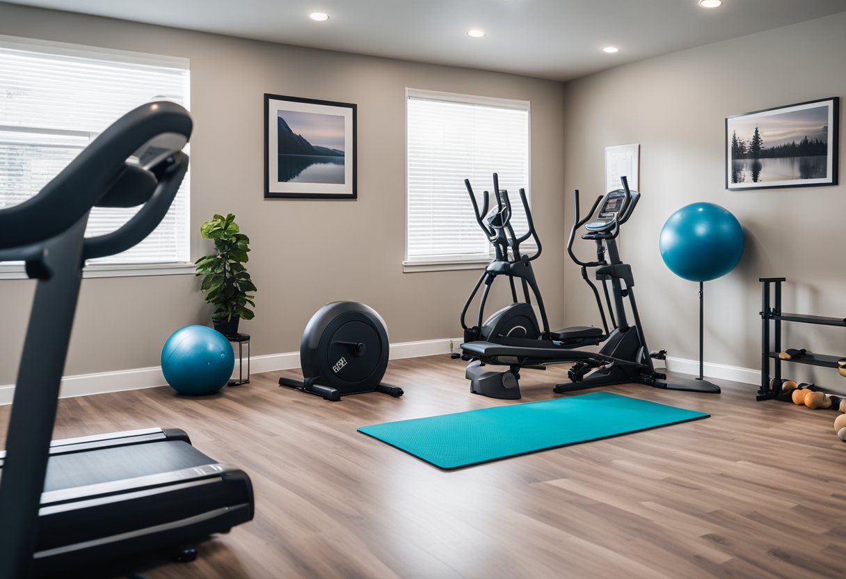 A home fitness room with equipment and decor. Include a treadmill, weights, yoga mat, and motivational posters on the wall