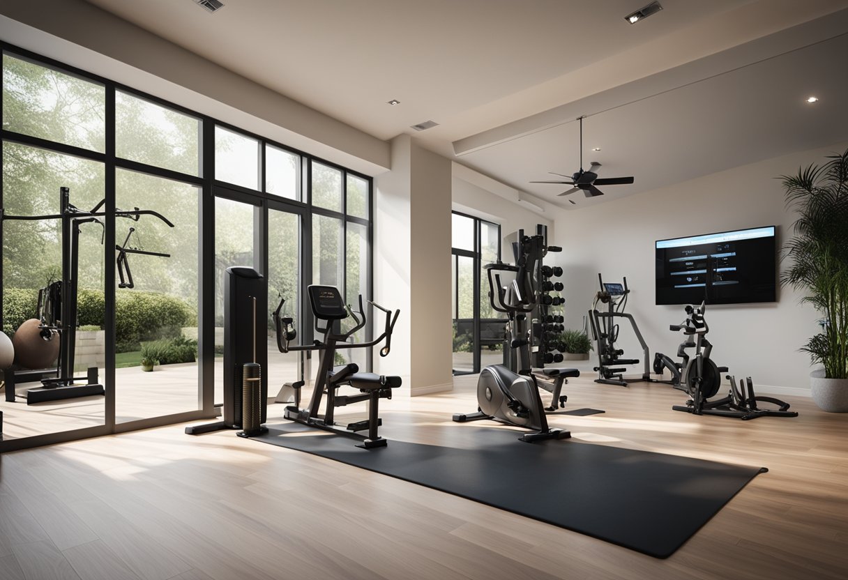 A home gym with a workout program displayed on a wall, exercise equipment neatly arranged, and a spacious room with good lighting