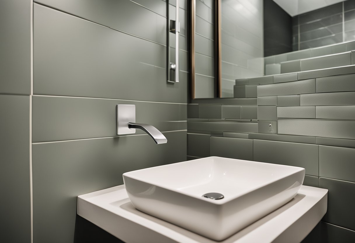 A bathroom being renovated with modern fixtures and neutral color palette. Clean lines and minimalistic design. Textures include matte tiles and sleek hardware