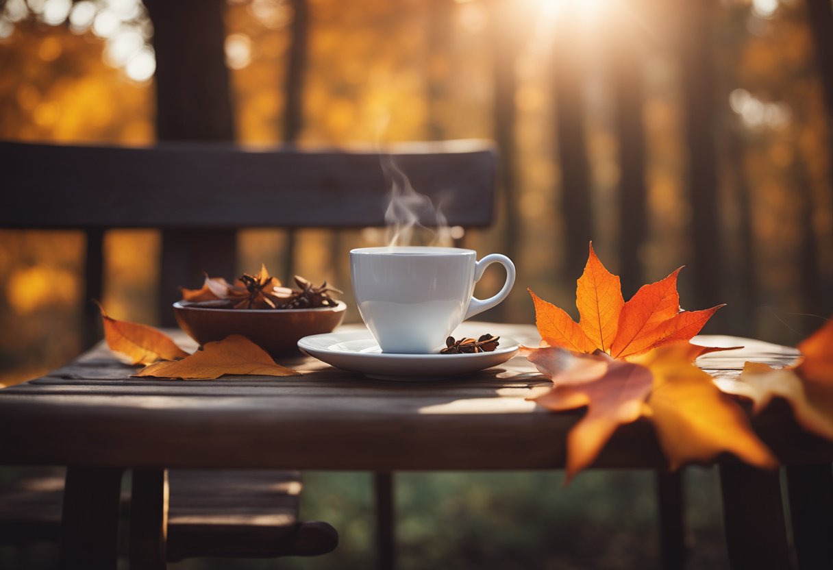 Create a cozy atmosphere with autumn colors: warm orange and red leaves falling from trees, a rustic wooden table with a steaming cup of tea, and a soft blanket draped over a chair