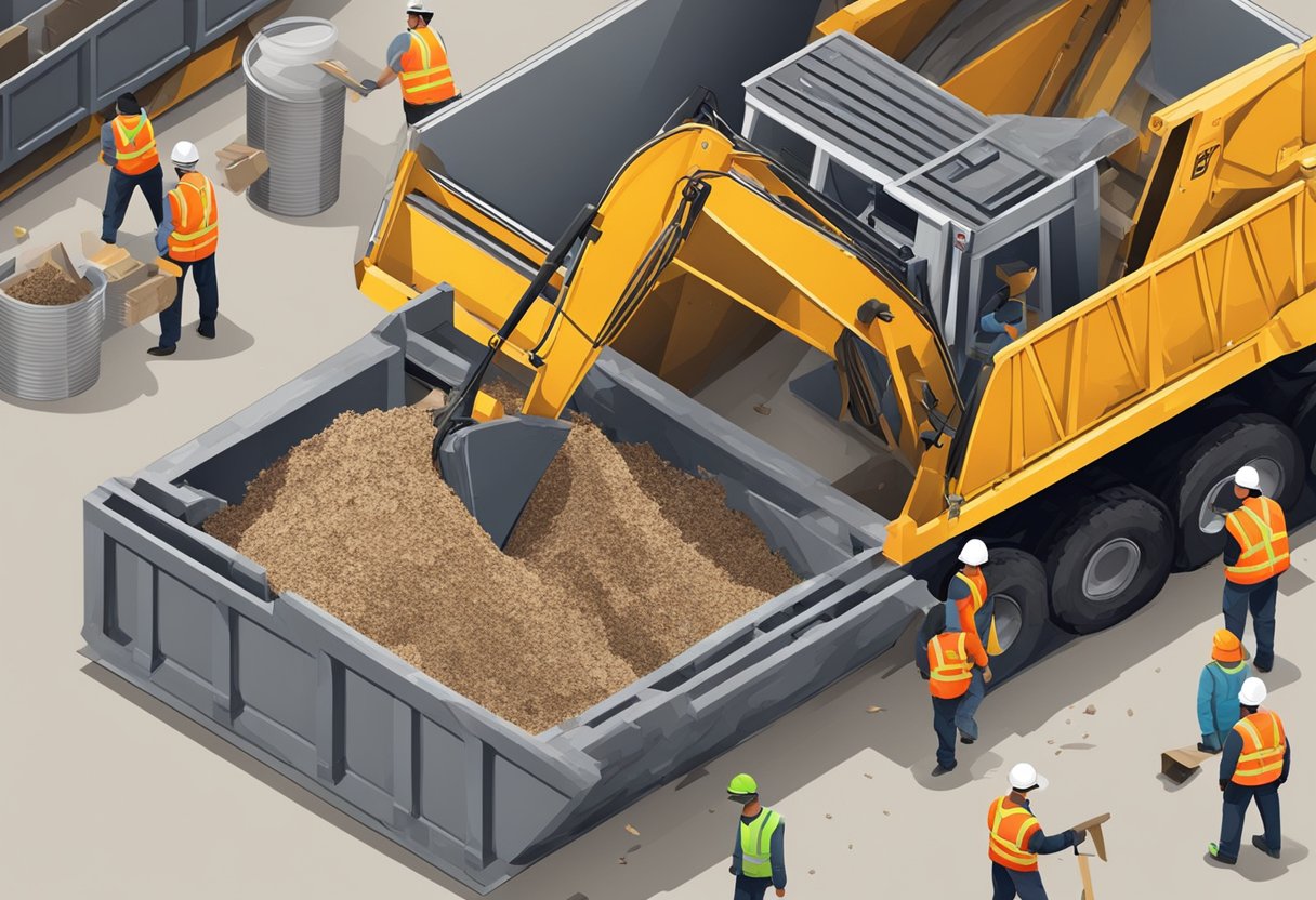 A skip filled with various debris, surrounded by workers and construction equipment