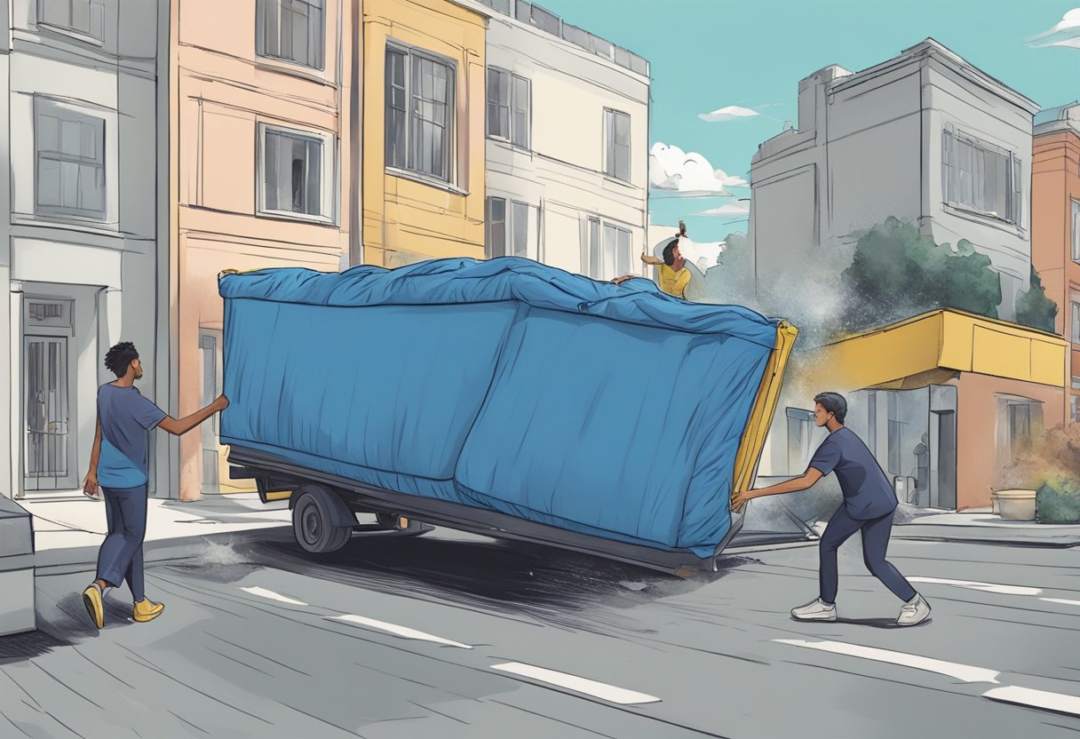 A mattress being thrown into a skip by a person