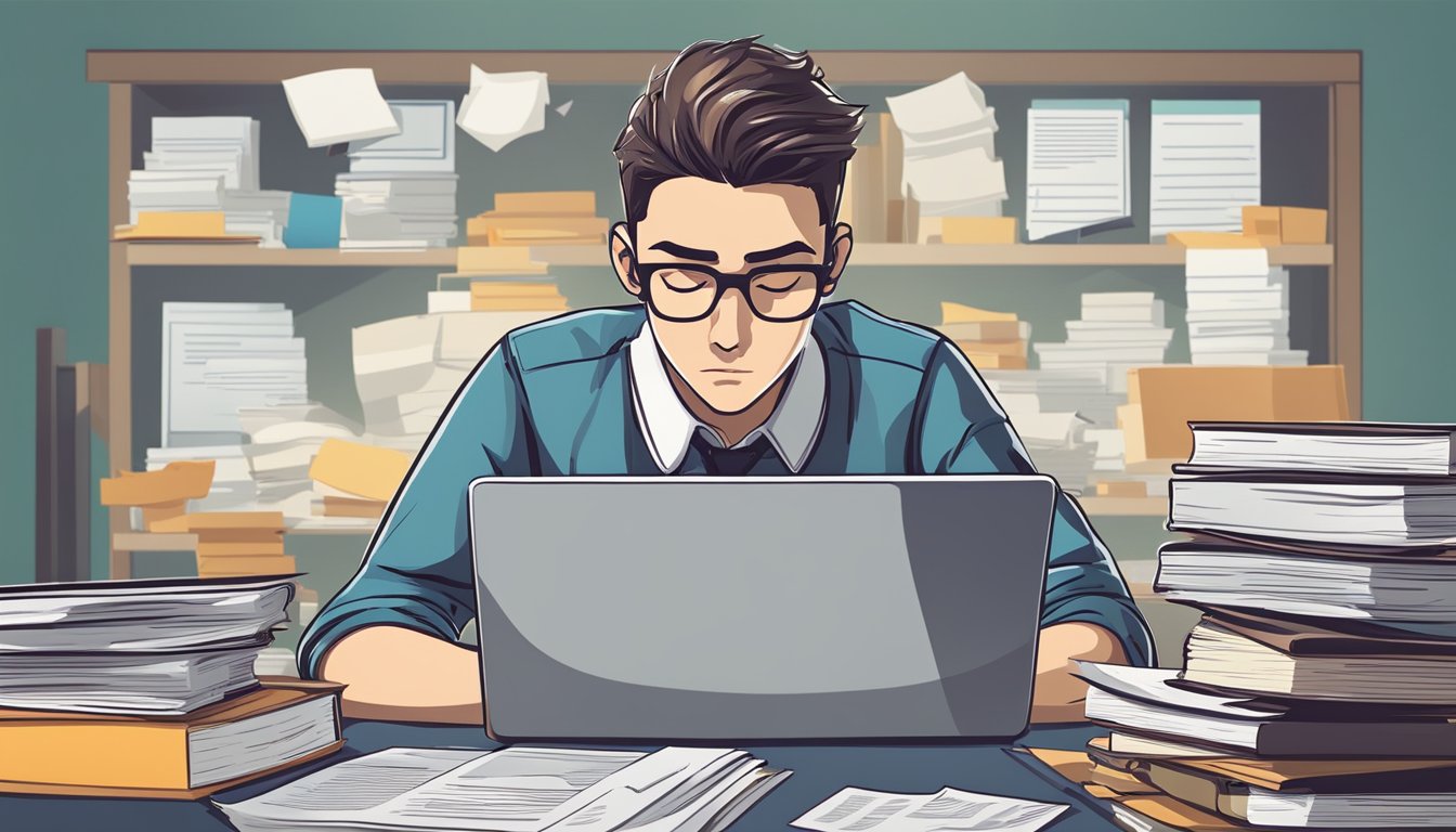 A student sitting at a desk, surrounded by books and papers, looking at a laptop with a concerned expression. A stack of loan documents and a calculator are on the desk