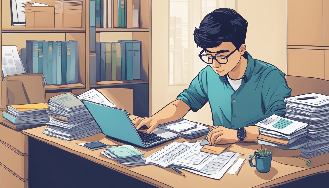 A young graduate sits at a desk surrounded by paperwork and a laptop, researching student loan options in Singapore. Financial documents and calculators are scattered around, showing the complexity of post-graduation financial planning