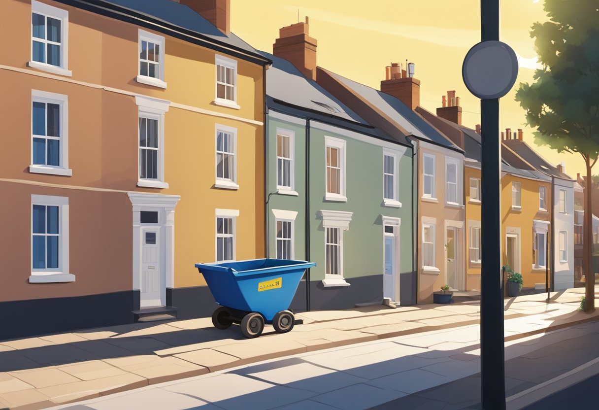 A skip sits on a driveway, surrounded by a neat row of houses. The sun shines down, casting shadows across the pavement