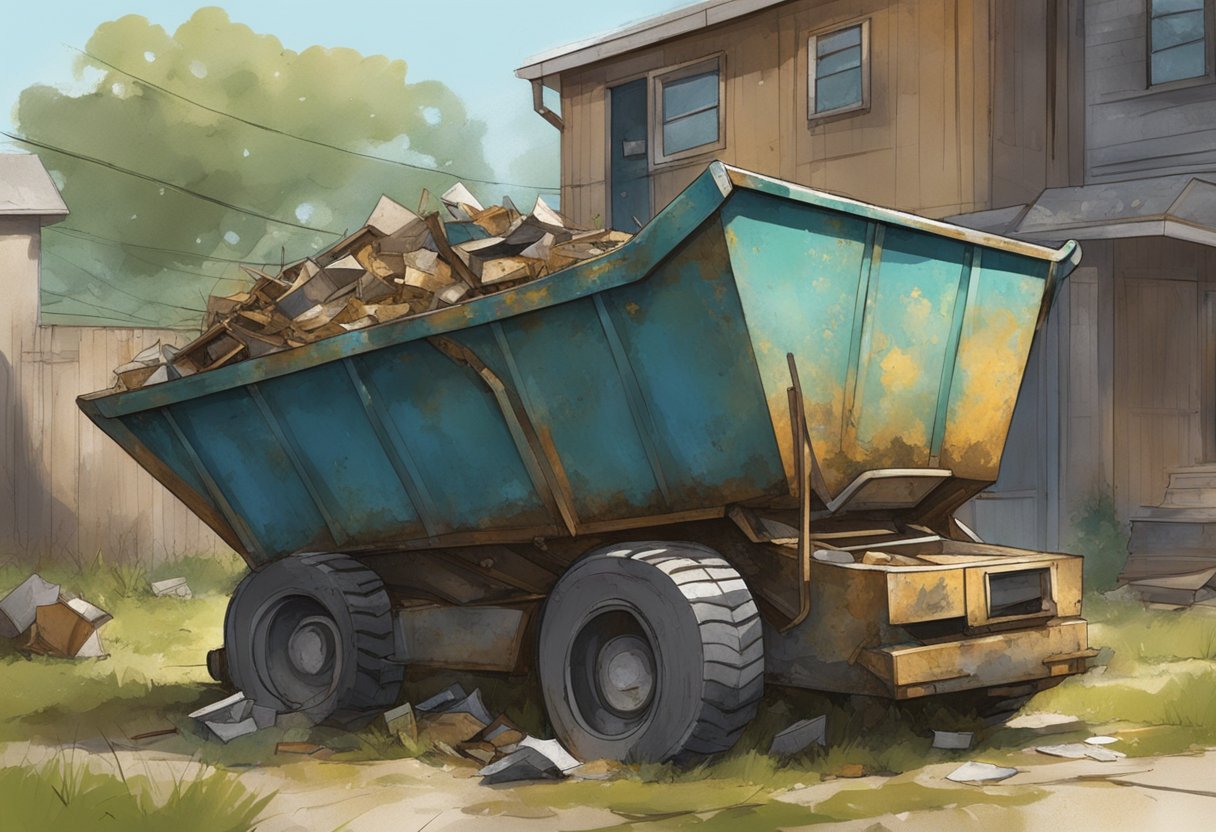 A skip sits in a yard, filled with debris. It is weathered and worn, with rust spots and dents. The surroundings are unkempt, with overgrown grass and scattered trash