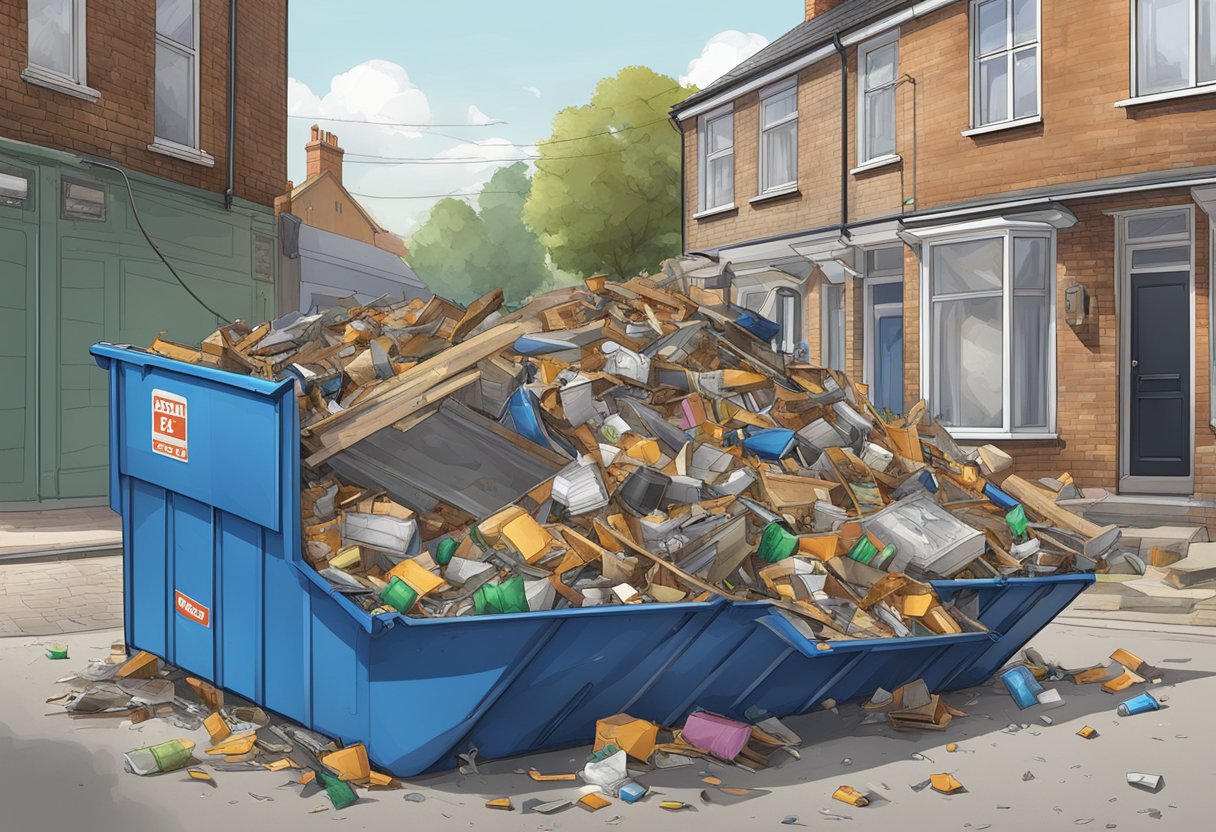 A 4-yard skip filled with various debris, reaching its capacity, with items spilling over the edges