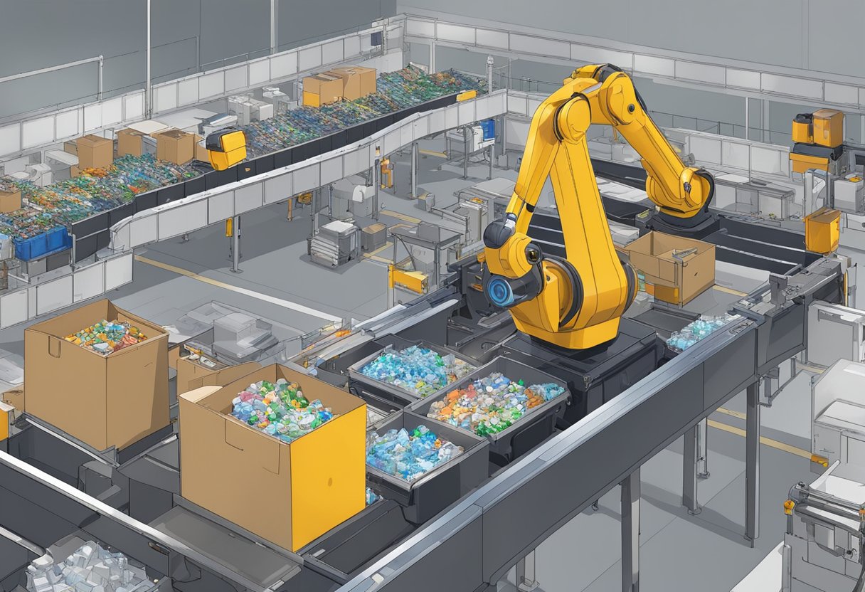 Robotic arms sort recyclables from conveyor belt into designated bins based on material type and shape. AI system analyzes and directs the process