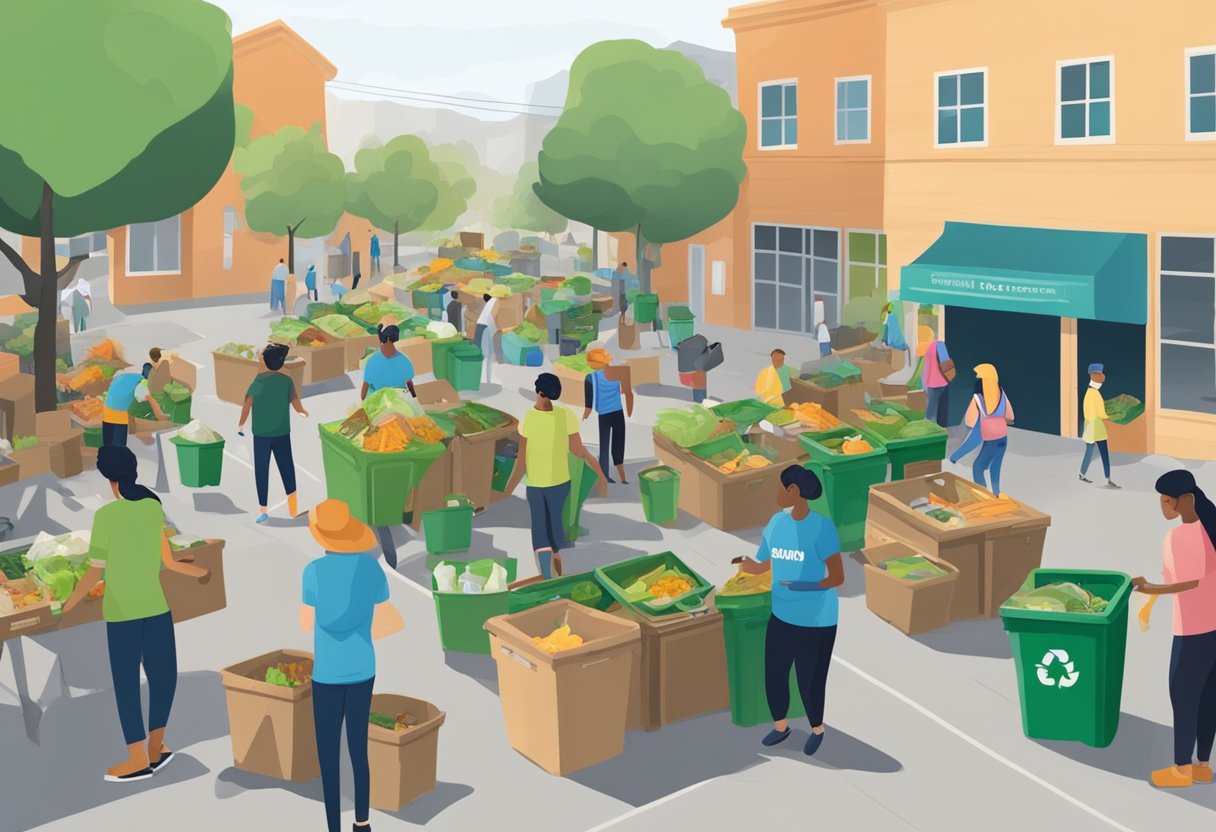 A bustling marketplace with separate bins for recycling, compost, and general waste. Volunteers sort and manage the waste, while community members drop off their trash in the designated areas