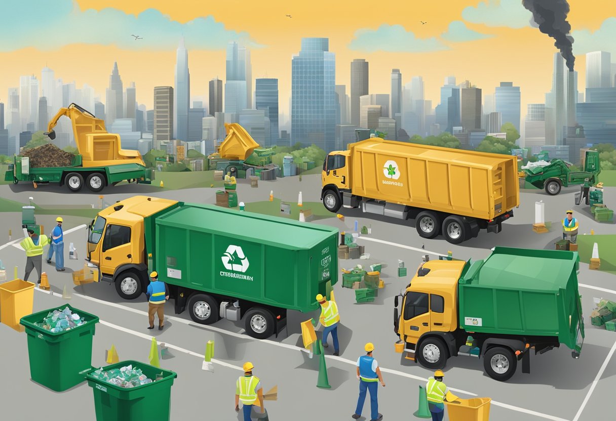 A city skyline with waste management trucks and workers sorting recyclables at a facility, while signs displaying waste management laws and regulations are prominently displayed