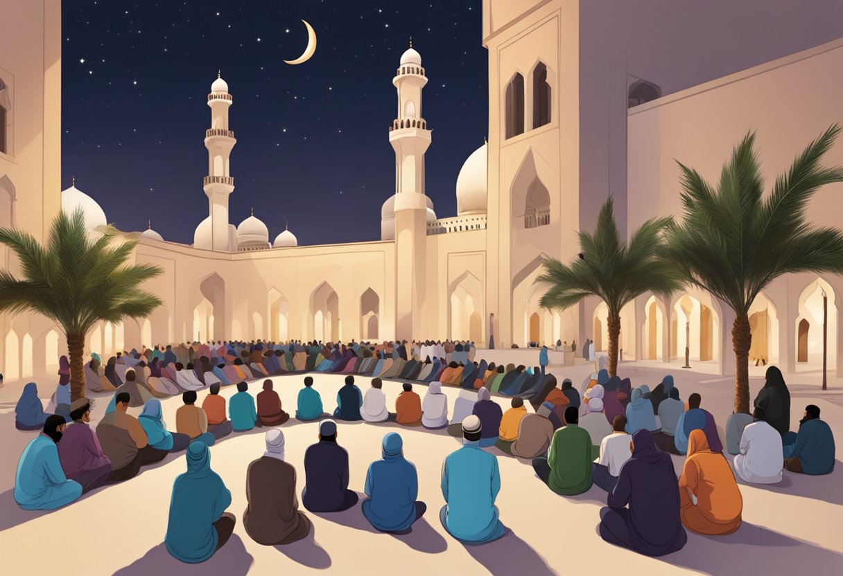 People gathered in a mosque courtyard, asking questions about shab e barat in Qatar. The night sky is clear, with a crescent moon shining above