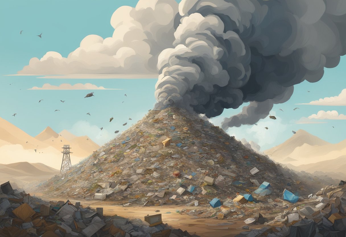 A mountain of trash looms over a polluted landscape. Smoke rises from the landfill, while nearby, renewable energy sources stand as a hopeful alternative