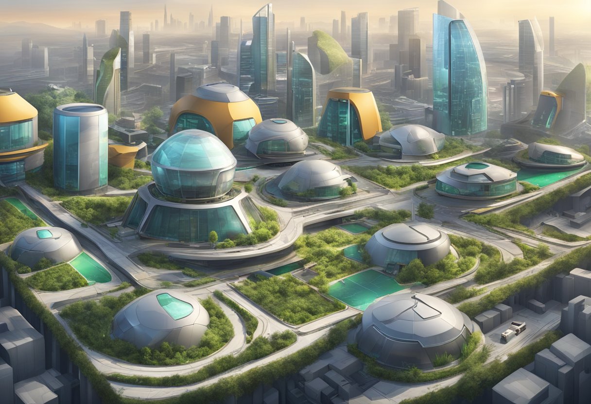 A futuristic city skyline with automated waste sorting and recycling facilities, drones collecting and transporting waste, and advanced composting systems