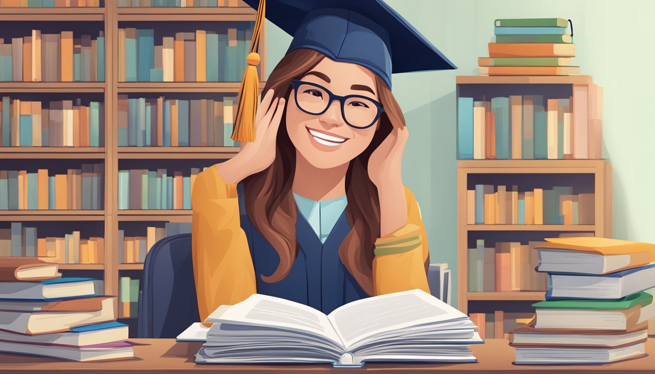A smiling student receives a personal loan brochure with education-specific features, while a stack of textbooks and a graduation cap sit nearby