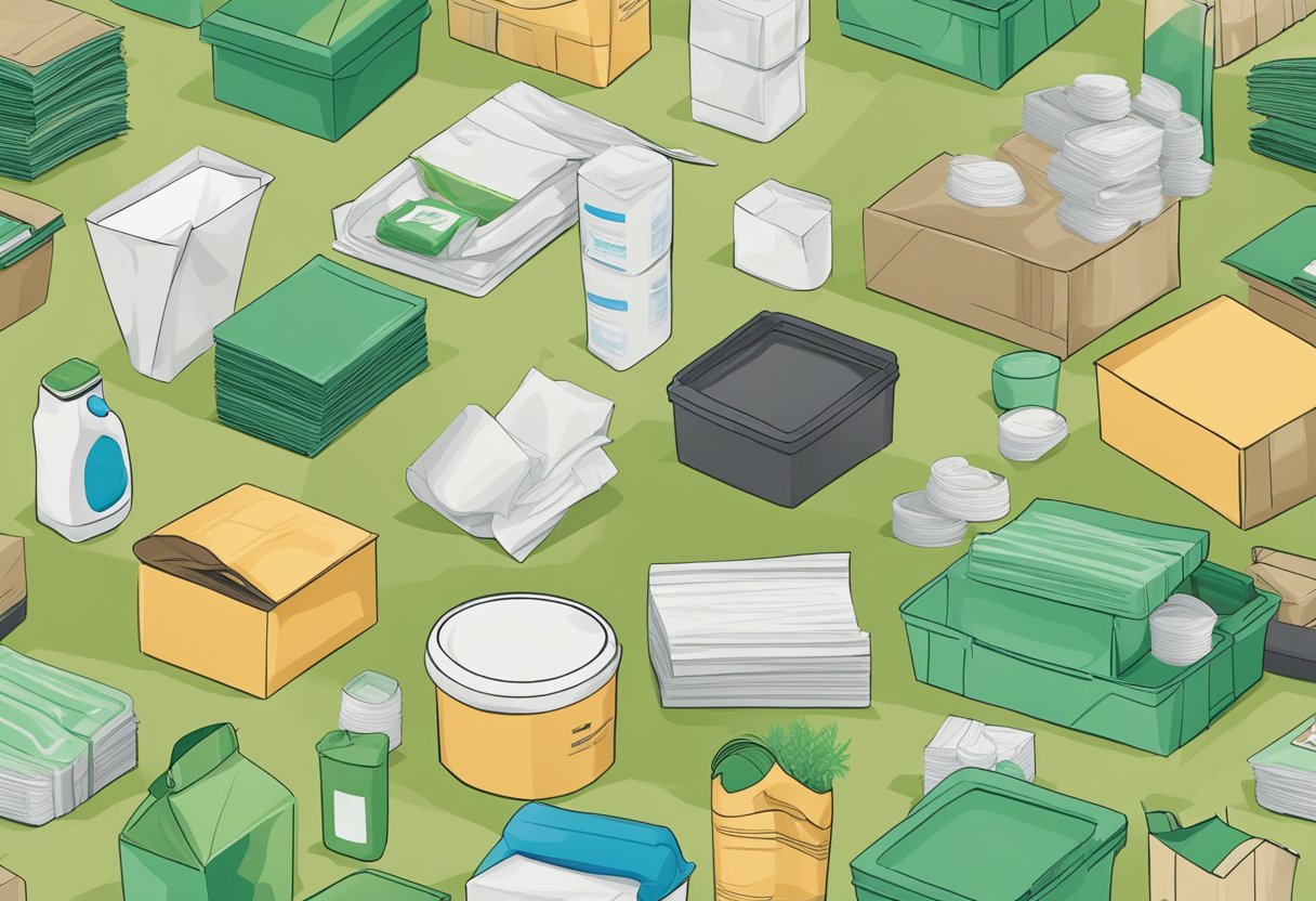 A stack of eco-friendly packaging materials, including paper, cardboard, and biodegradable plastics, arranged neatly on a table. Various products are displayed alongside the packaging, emphasizing their role in reducing waste