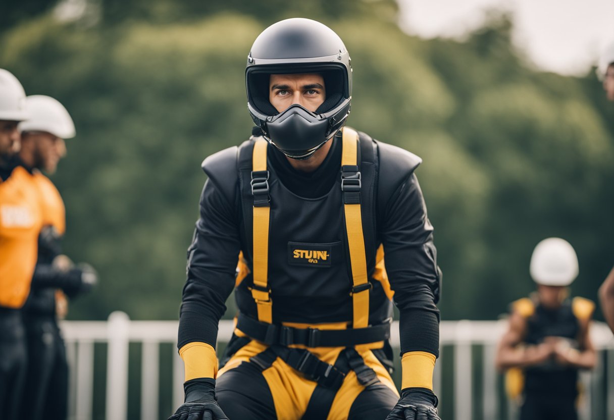A stunt performer wearing safety gear prepares for a high-flying jump