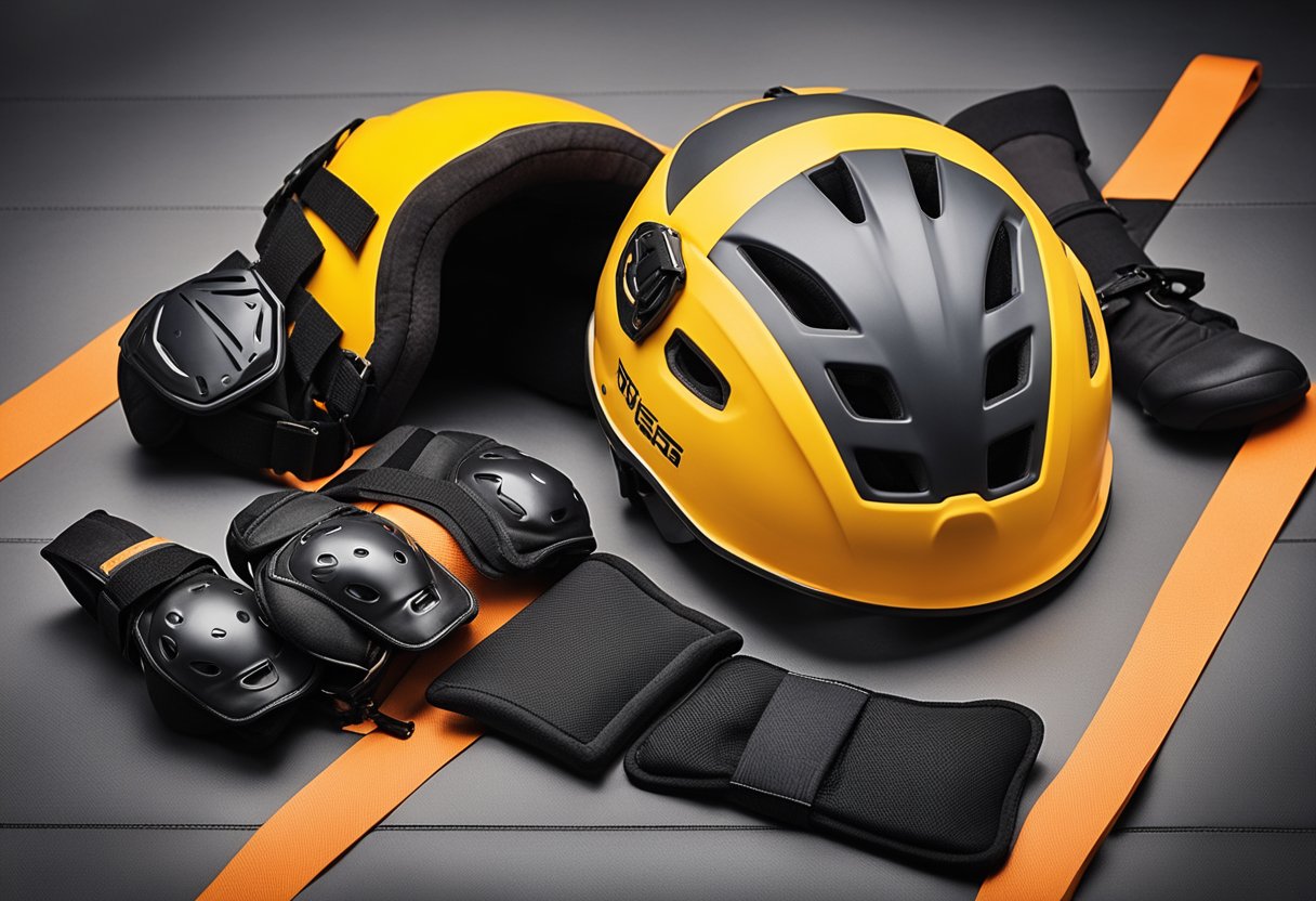 Stunt safety gear laid out: helmet, knee pads, elbow pads, and harness. Equipment includes ropes, mats, and crash pads