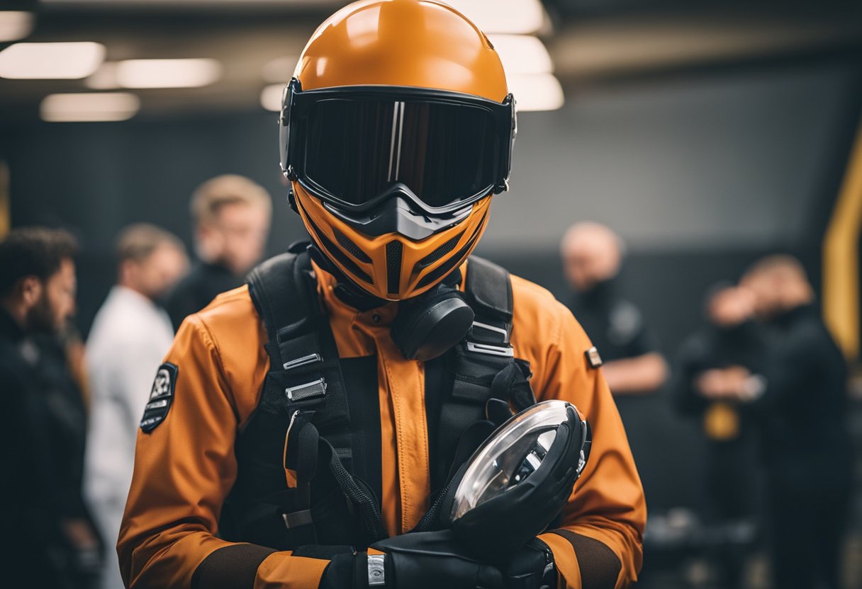 A stunt performer prepares safety equipment before executing a daring stunt