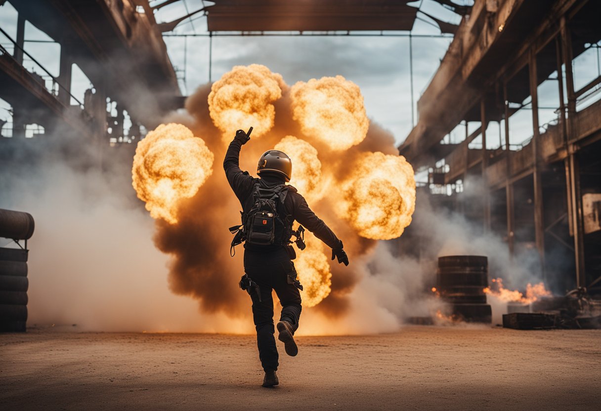 A stunt performer safely navigating through a fiery explosion on a movie set