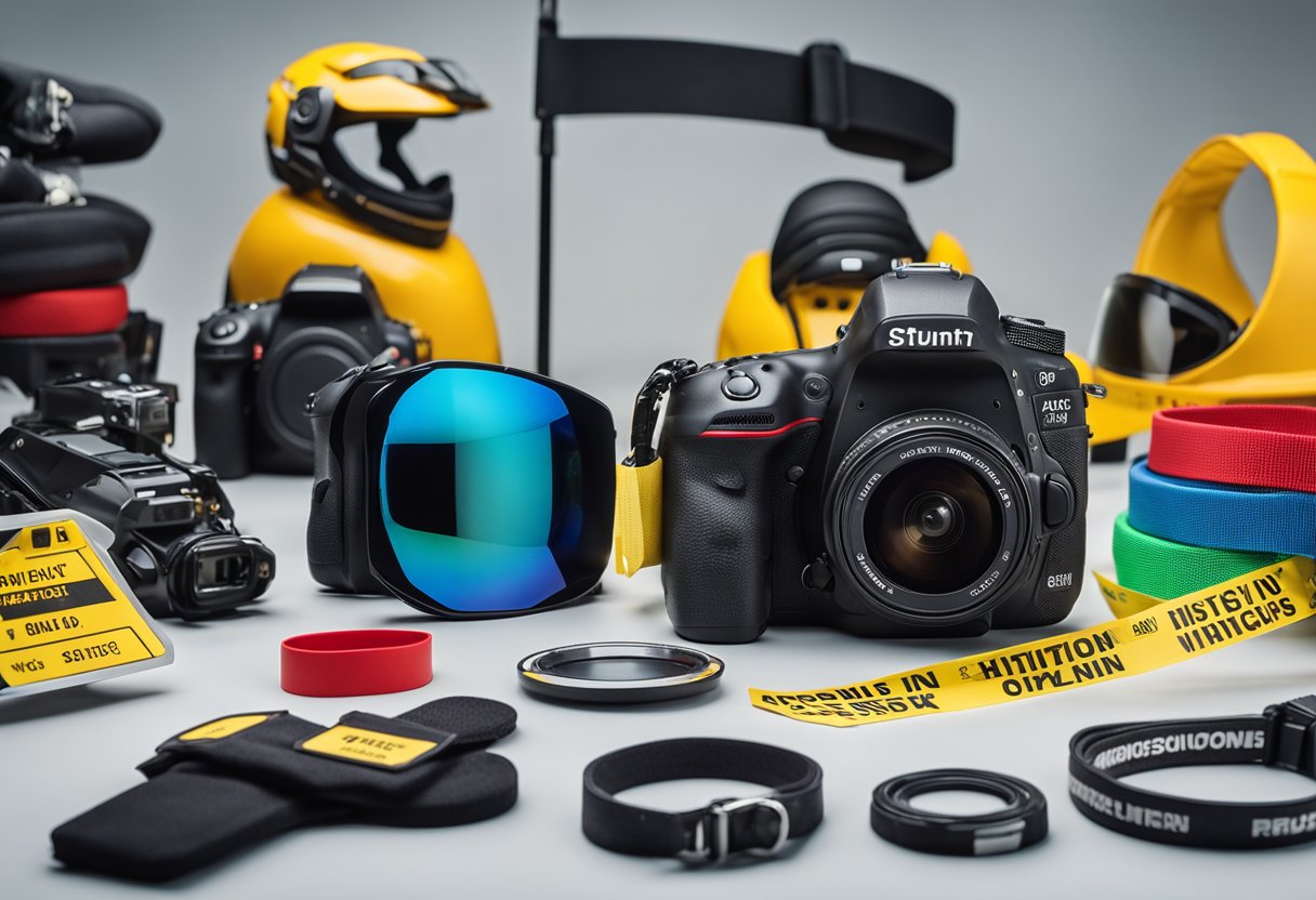 Stunt safety equipment arranged neatly in a studio with clear signage and labels for easy access and identification