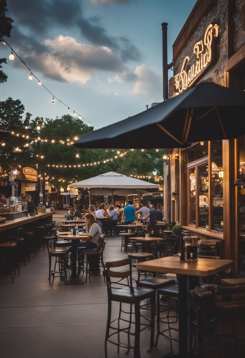 A bustling restaurant bar nestled near Waco's historical sites. Outdoor seating, vibrant signage, and a welcoming atmosphere draw in locals and tourists alike