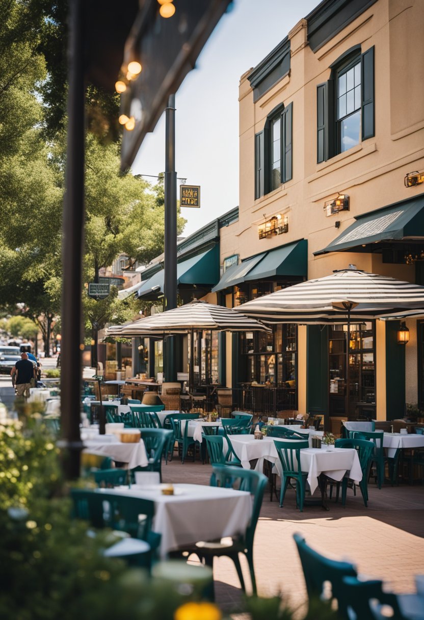 A bustling restaurant nestled near Waco's historical landmarks. Outdoor seating, colorful signage, and lively atmosphere