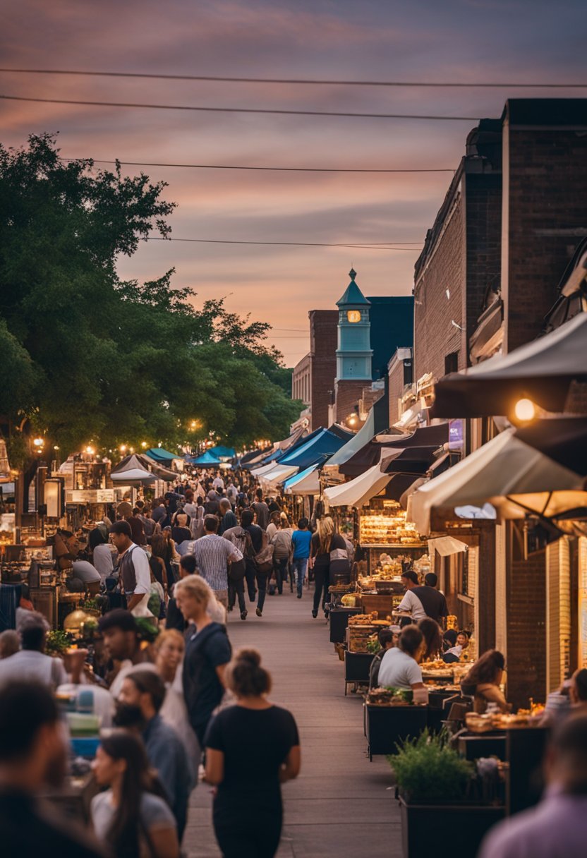A bustling street lined with restaurants showcasing diverse cuisines, near historical sites in Waco. The aroma of food wafts through the air as people gather to enjoy a variety of culinary delights