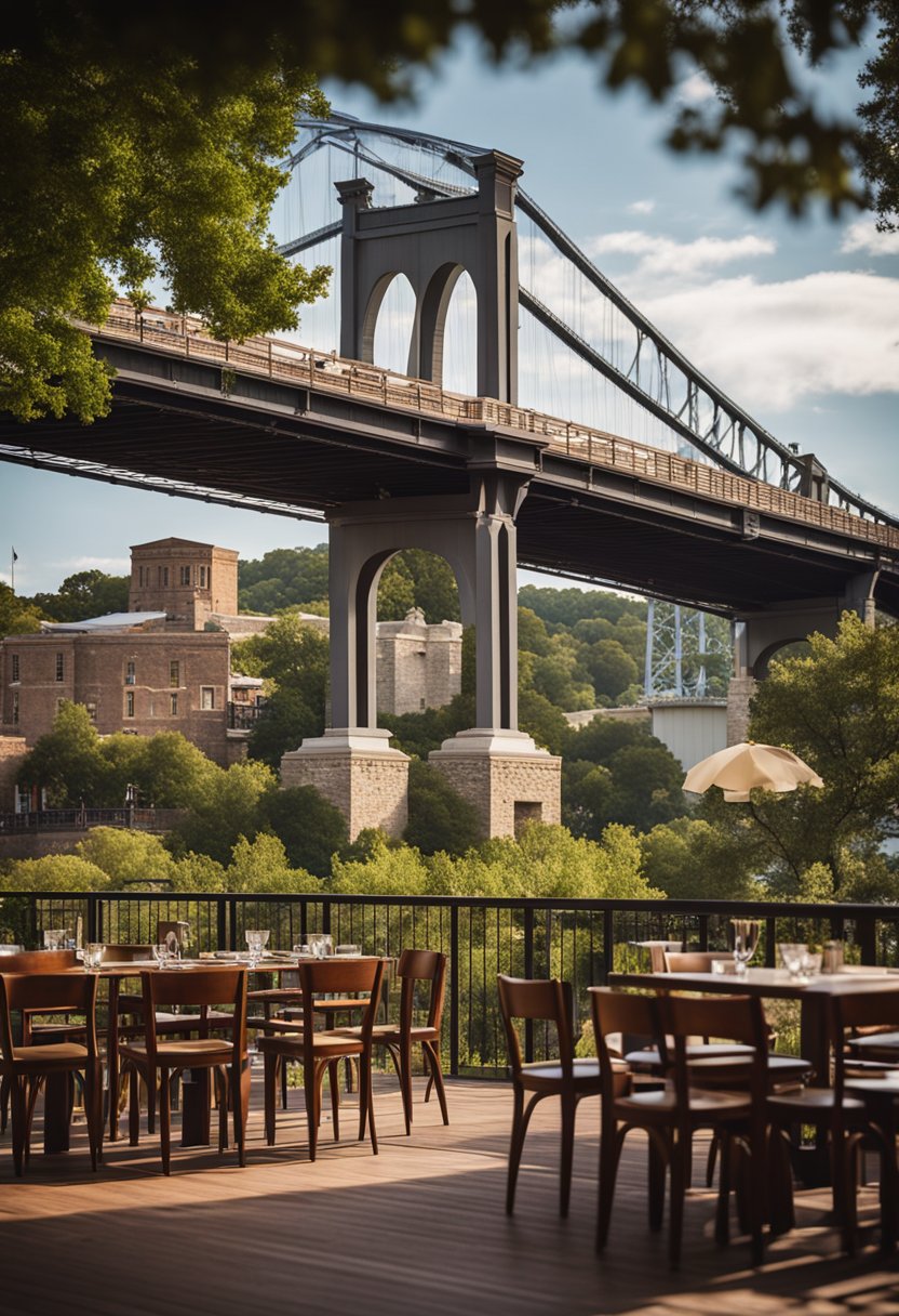 A cozy restaurant nestled next to the historic Waco Suspension Bridge, with diners enjoying a meal with a view of the iconic landmark