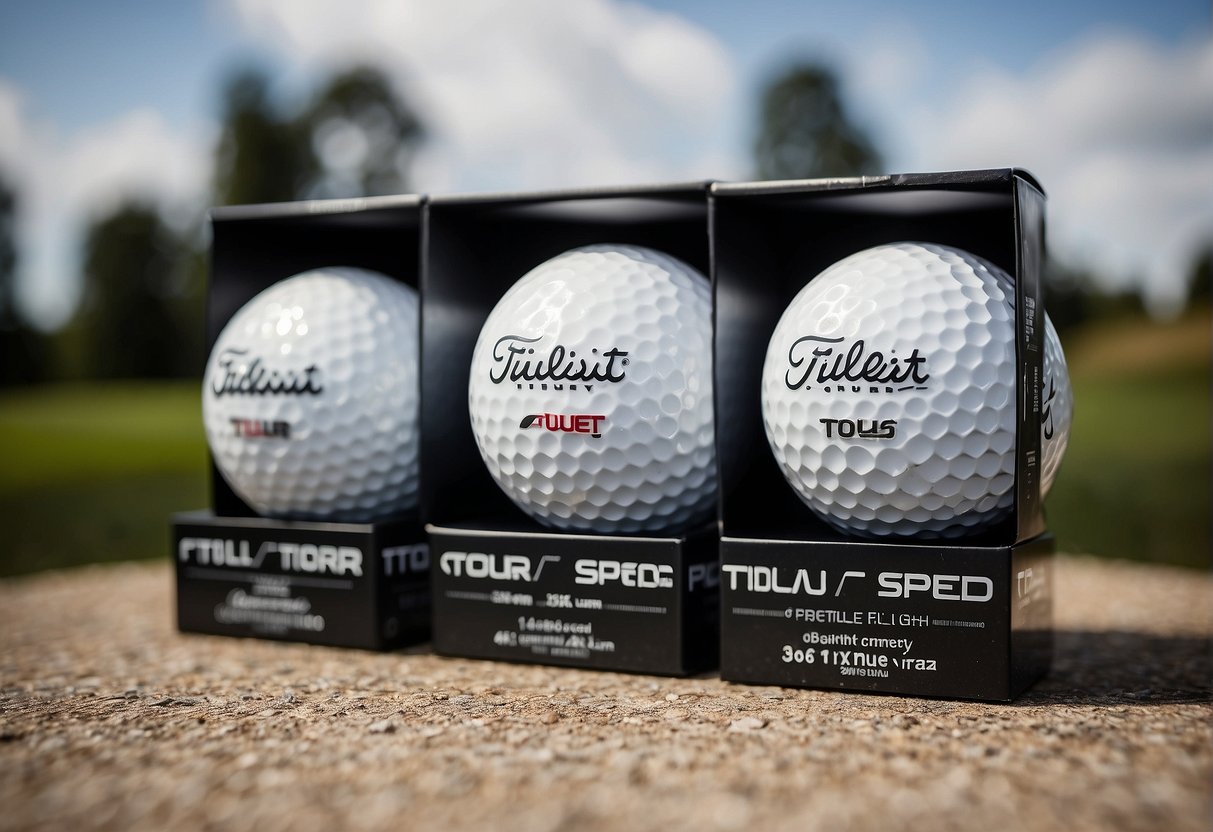A comparison of Titleist Golf Balls, Tour Soft and Tour Speed, displayed side by side with their respective packaging and logos
