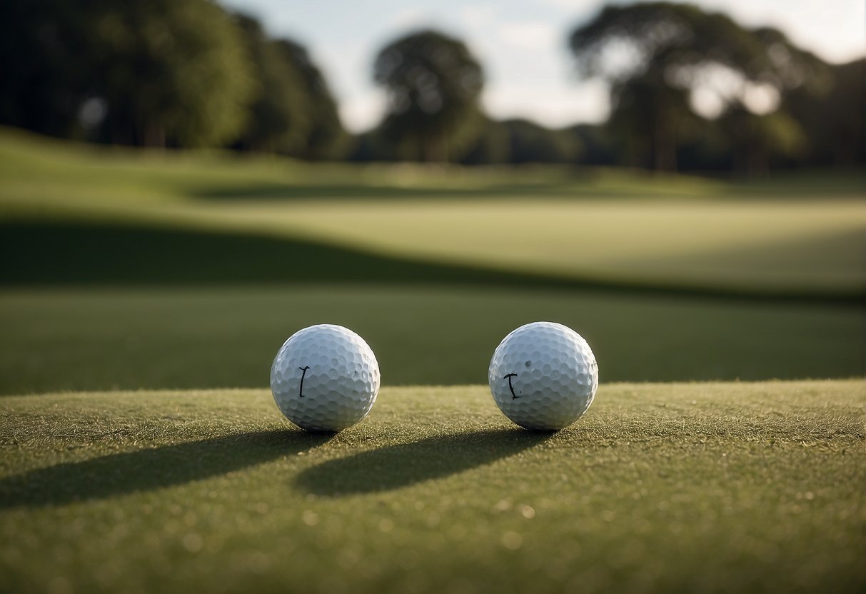 Two golf balls, one labeled "Tour Soft" and the other "Tour Speed," sit side by side on a pristine putting green, surrounded by a backdrop of lush fairways and distant trees