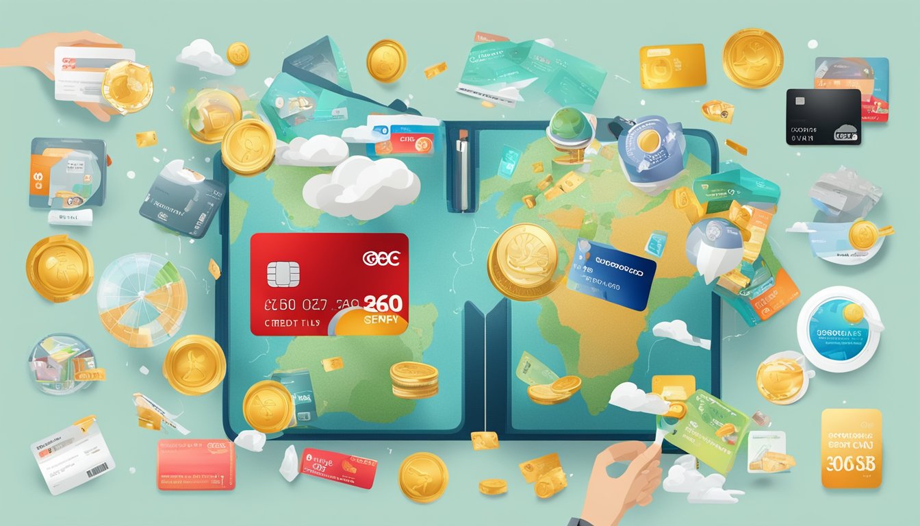 An OCBC credit card surrounded by various rewards such as travel vouchers, cashback, and shopping discounts, with the 360 spend bonus prominently displayed