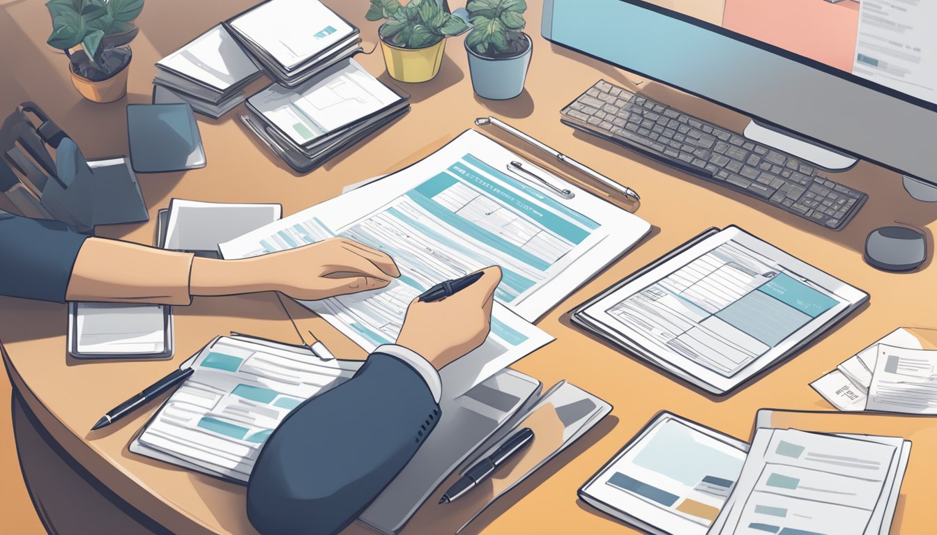 A person filling out an OCBC 360 Account application form with a pen on a desk, surrounded by documents and a computer